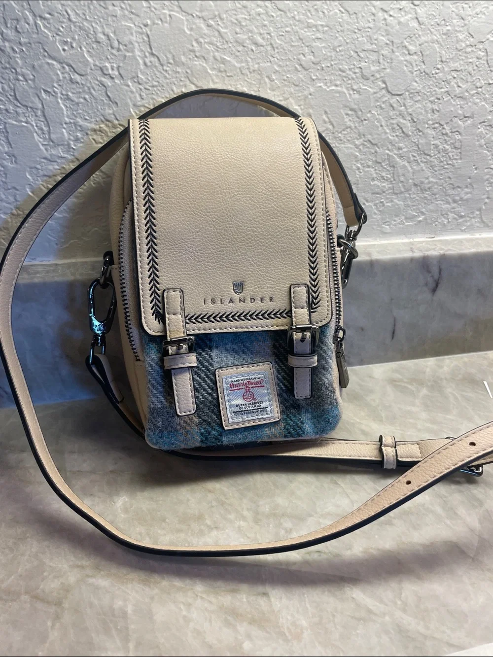 Islander Cream Leather & Blue Wool Messenger Crossbody